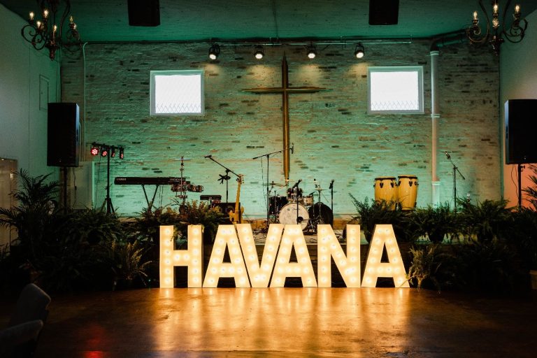 A picture of a band set up and the word Havana