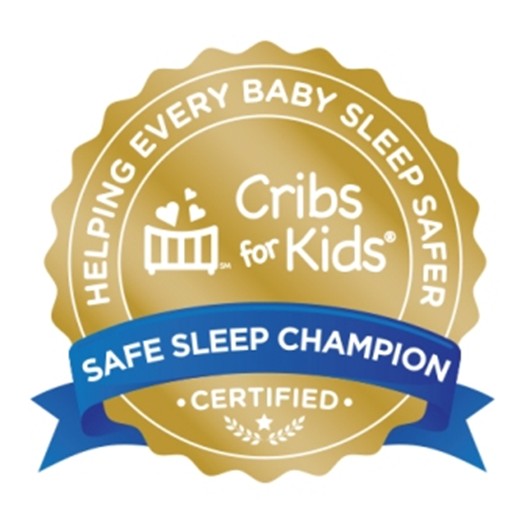 Logo showing safe sleep champion certified